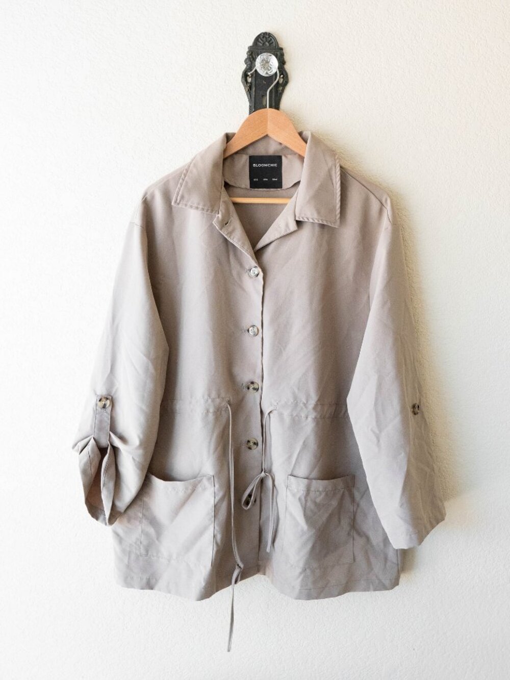 Bloomchic Lightweight Utility Jacket | Size 12 Taupe Button-Up Drawstring Coat